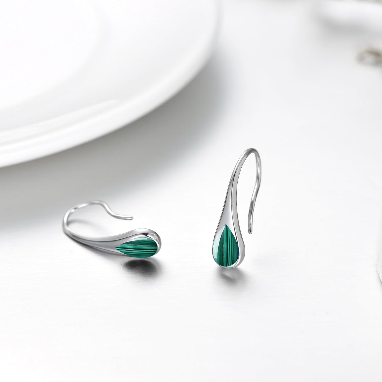 925 Sterling Silver Pear-Shaped Hook Earrings with Malachite, Teardrop Birthstone Jewelry Gifts for Women Wife Mom