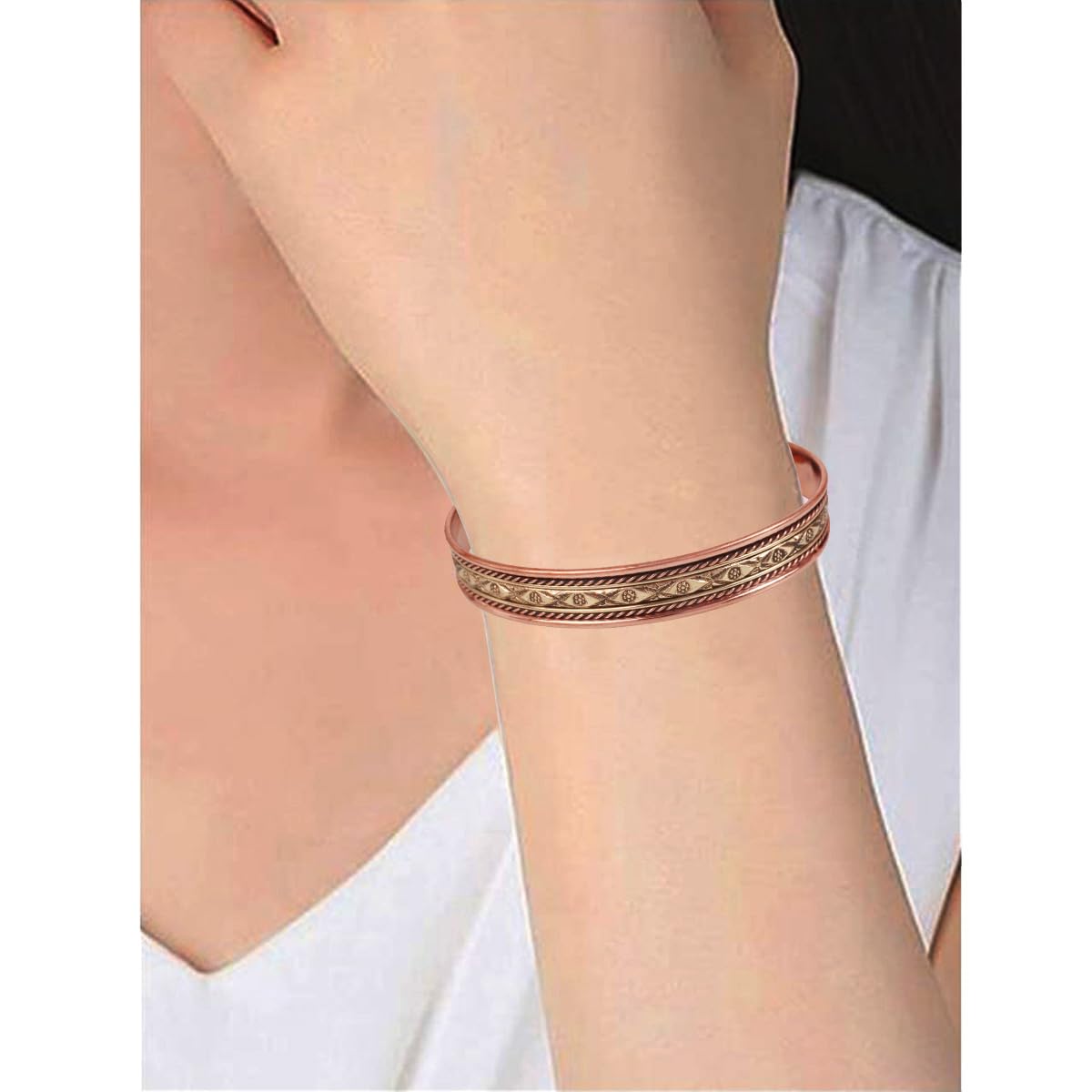 Touchstone Handcrafted Copper Brass Beautiful Attractive Patterns Magnetic Tibetan Bracelet In Two Tones For Men And Women.