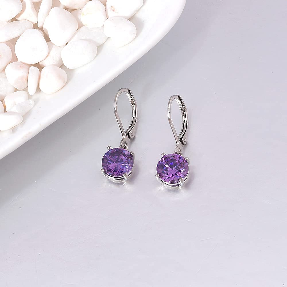 CiNily Leverback Dangle Earrings Created Purple Crystal Drop Earrings White Gold Plated Jewelry for Women 8 mm