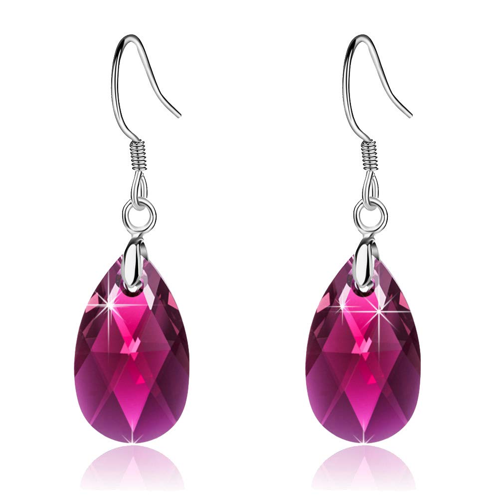 Austrian Crystal Teardrop Dangle Earrings for Women Drop Hook Earring 925 Sterling Silver Hypoallergenic Jewelry (Fuchsia)