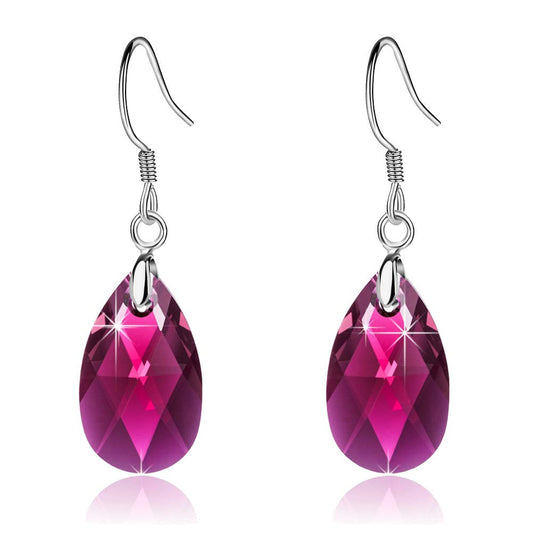 Austrian Crystal Teardrop Dangle Earrings for Women Drop Hook Earring 925 Sterling Silver Hypoallergenic Jewelry (Fuchsia)
