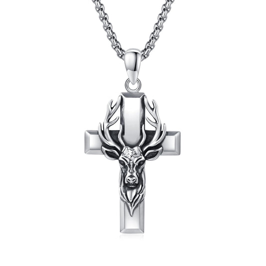 YEESIA Cross Necklace for Men Women, 925 Sterling Silver, Deer Cross Pendant Necklace, Christian Jewelry, Gift for Men Women