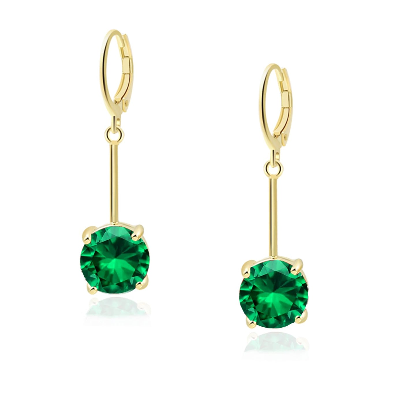 VONSSY Gemstone Drop Dangle Earrings | Platinum/Gold Plated Leverback Crystal Cubic Zirconia Hanging Red/Pink/Blue Earrings (Green-Gold)