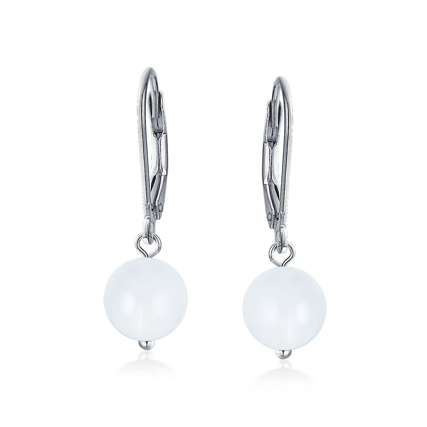 Bling Jewelry Timeless .925 Sterling Silver White Jade Bead 8mm Ball Drop Earrings Lever Back Genuine Gemstone