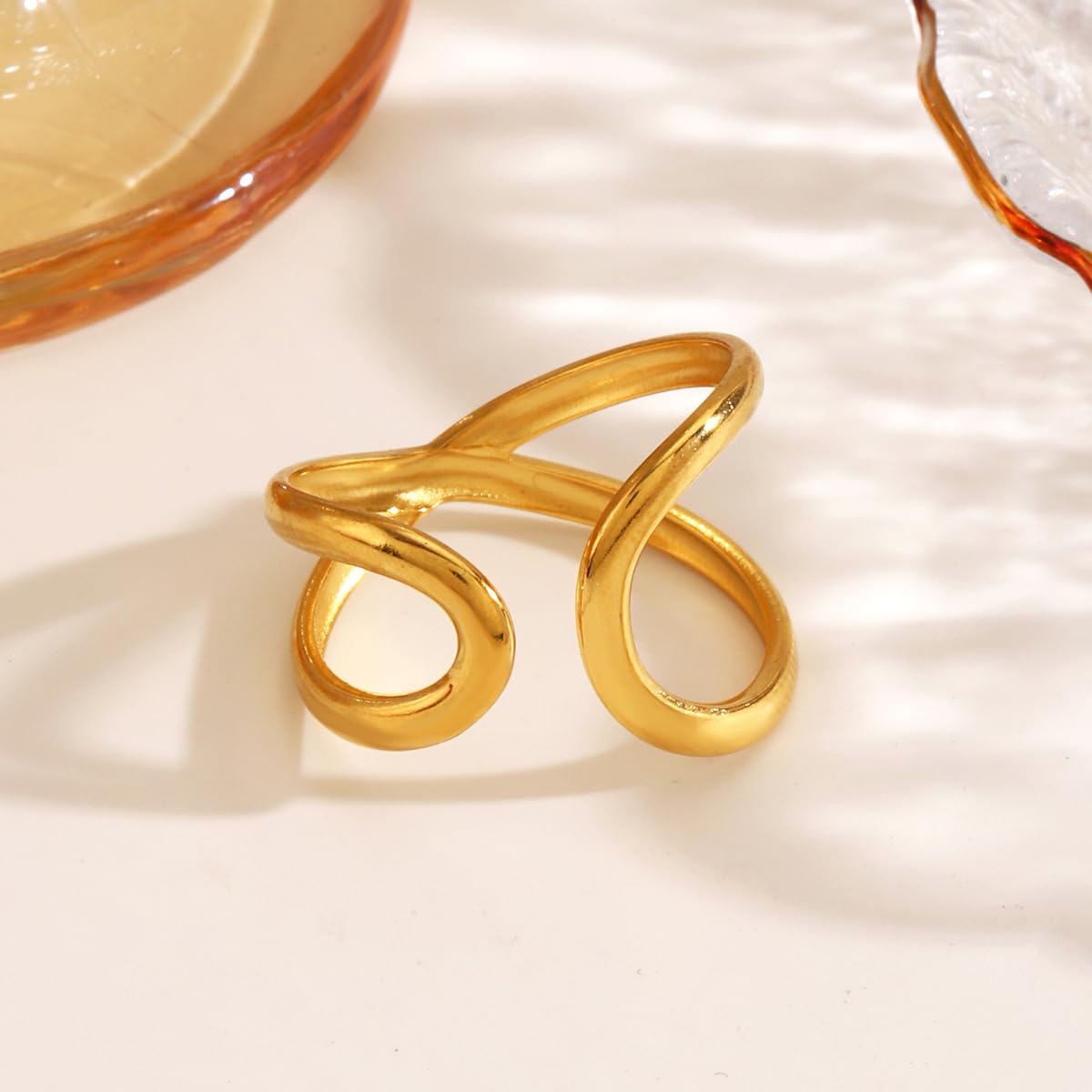 AIETUE Chunky Rings For Women, Gold Silver Thumb Ring Asymmetrical Wavy Curve Ring Adjustable Non Tarnish Dainty Stainless Steel New Year Anniversary Birthday Jewelry Gift (Voguish-Gold Gen 2)