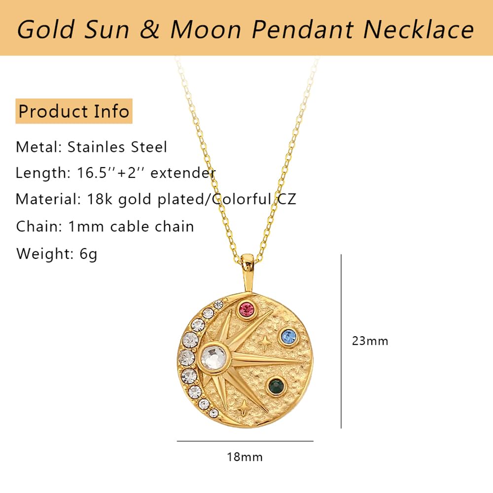 18k Gold Plated Sun and Moon Coin Pendant Necklace for Women Colorful CZ Crescent Moon Medallion Charm Necklace Dainty Star Celestial Zodiac Jewelry 16.5’’