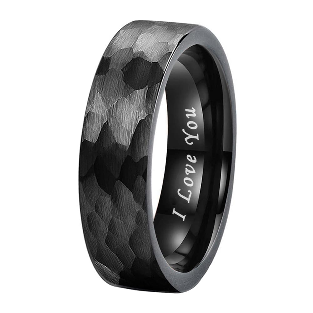 TUTISS 6mm Black Hammered Tungsten Carbide Rings for Men Women Fashion Engagement Wedding Bands Matte Finish I Love You Engraved Comfort Fit Size 10