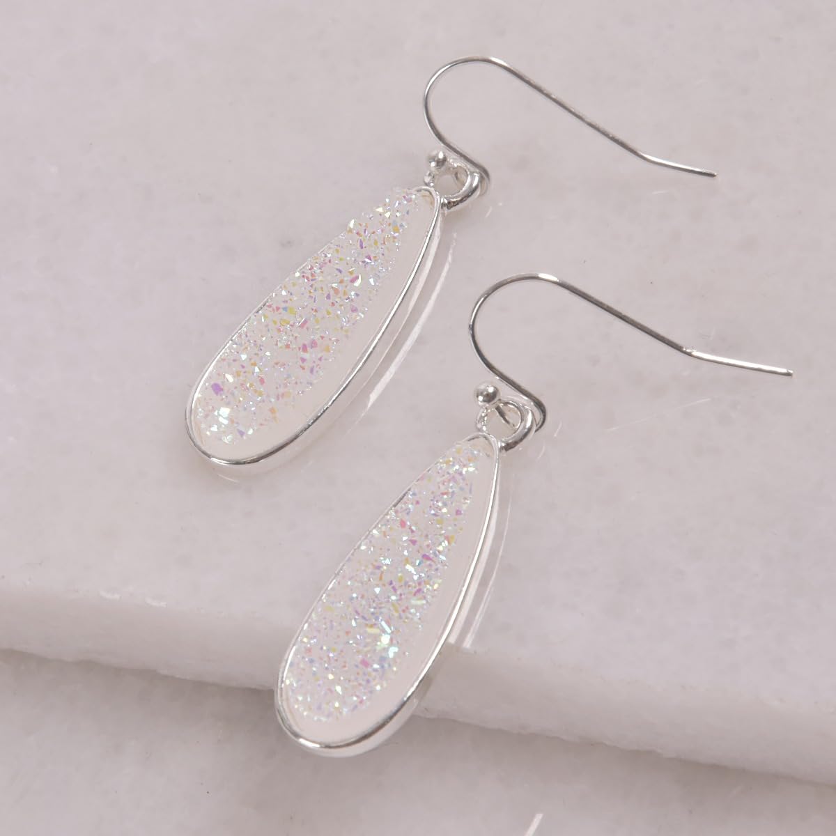 Created White Opal Earrings for Women - Tear Drop Earrings Jewelry, Sparkly Long Dangly Simulated Druzy Drop Dangles, Elegant Boho Silver Tone Dangle with Dangling Faux Opal Stone for Wedding Bride