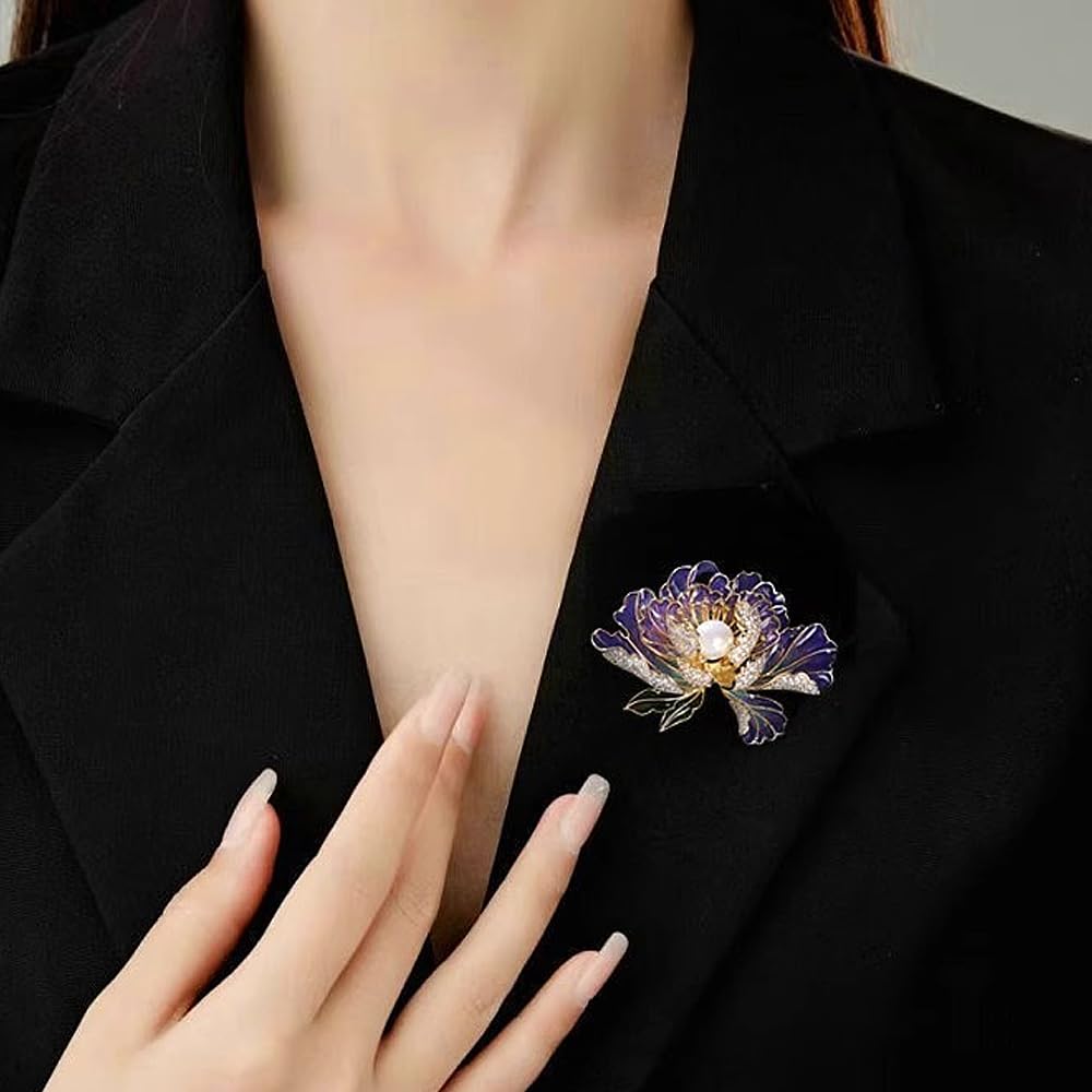 Dainty Flower Brooch Pins for Women Graceful Cubic Zircon Peony Pearl Enamel Badges Lapel Pins Trendy Banquet Prom Dress Jewelry Accessories Gift (Purple)