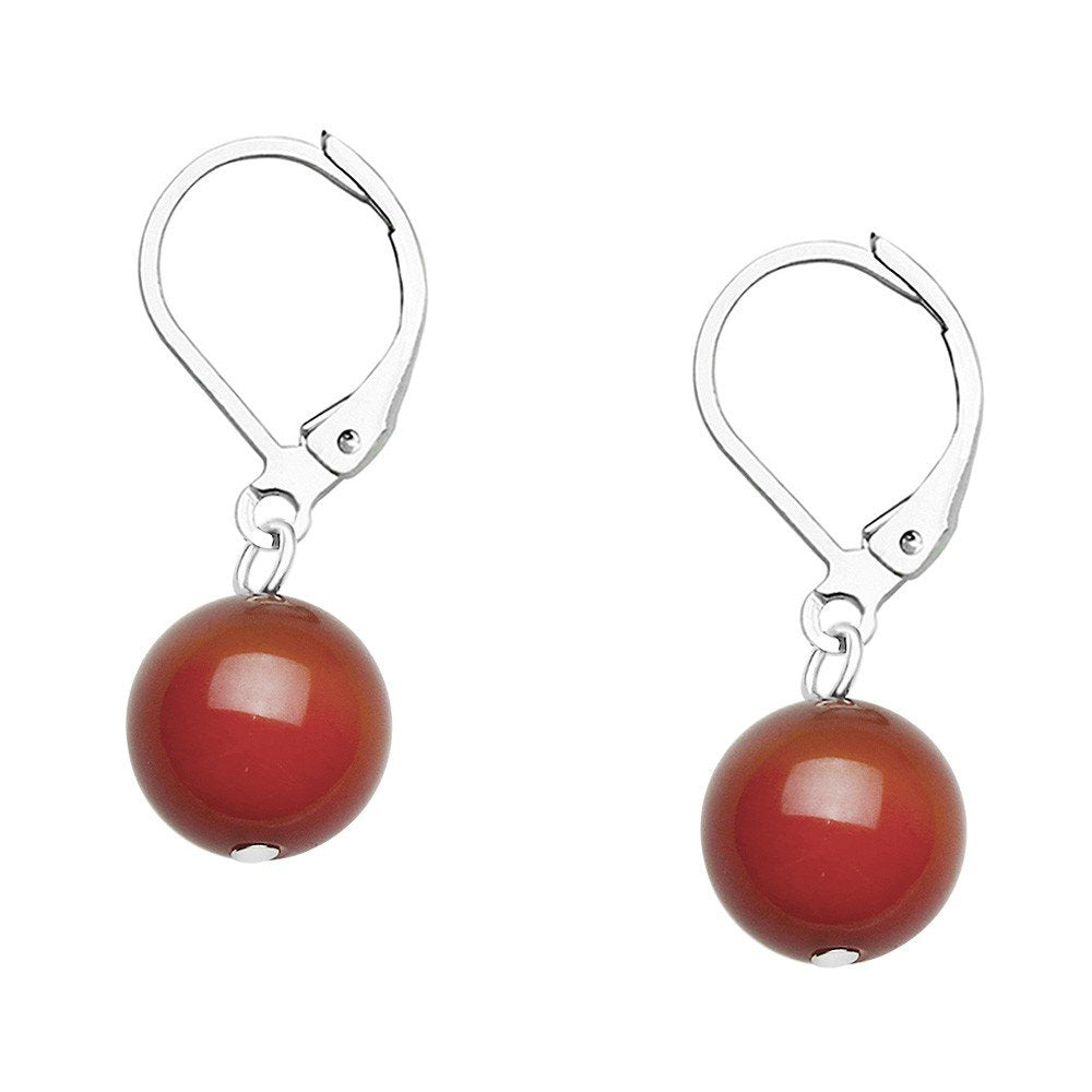 Falari 10mm Round Natural Stone Earring High Polished Rhodium Leverback Red Agate
