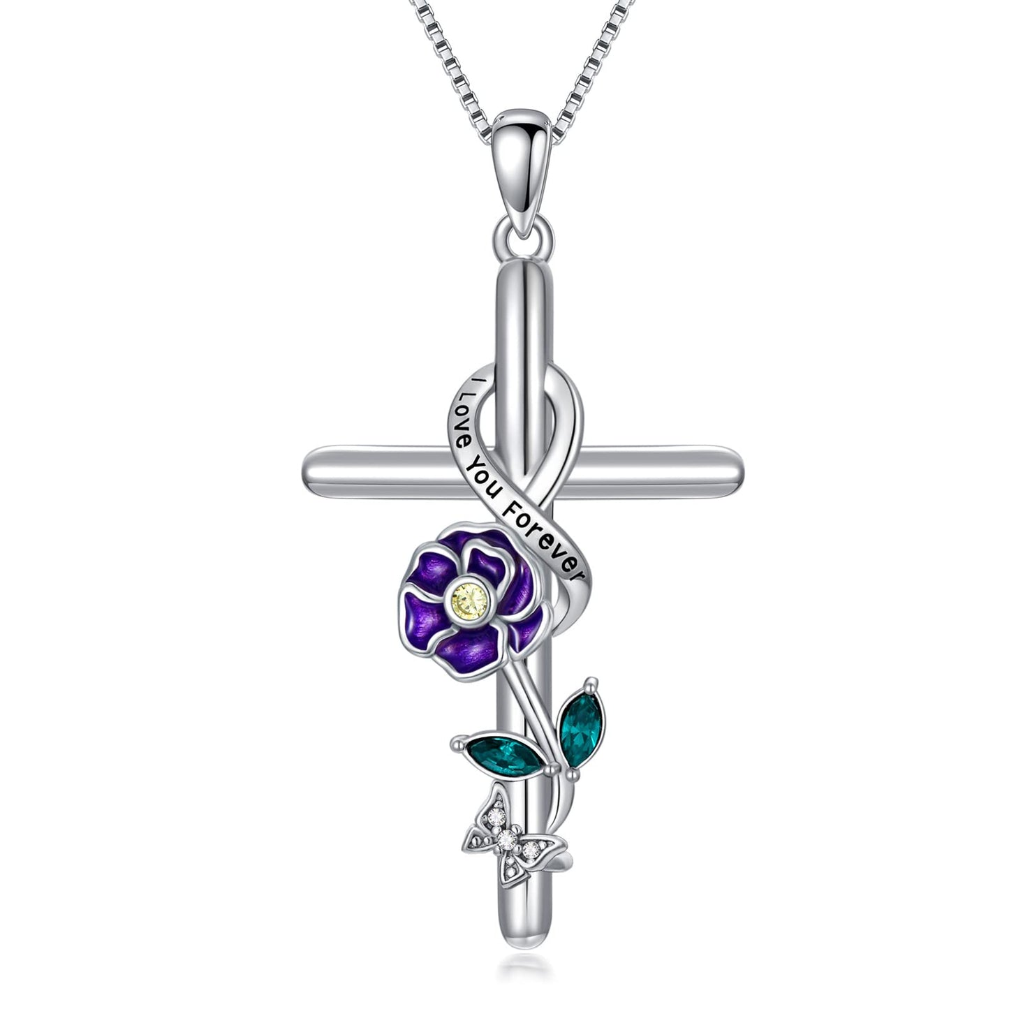 Flpruy Violet Birth Flower Necklace 925 Sterling Silver Cross Necklace Violet Jewelry 12 Month Birth Flower Floral Pendant Birthday Jewelry Gifts for Women Mom