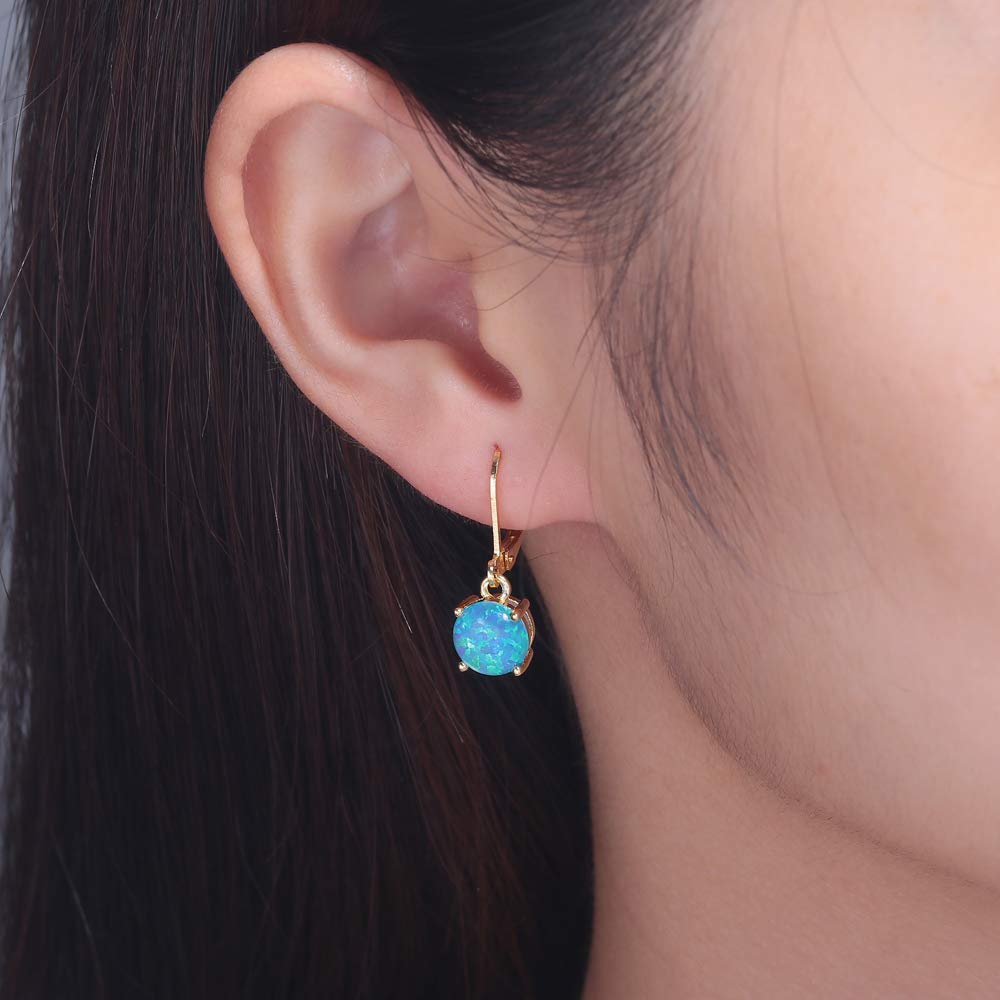 CiNily Gold Dangle Earrings for Women, Blue Fire Opal Leverback Earrings 14K Yellow Gold Plated Drop Opal Jewelry