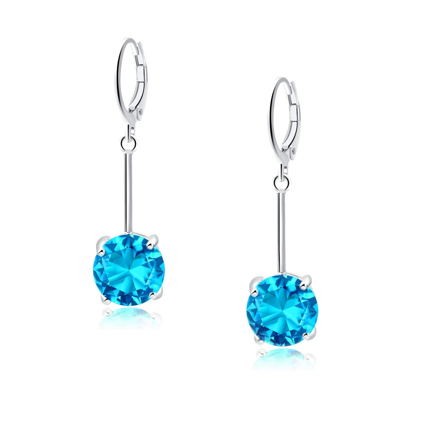 VONSSY Gemstone Drop Dangle Earrings | Platinum/Gold Plated Leverback Crystal Cubic Zirconia Hanging Red/Pink/Blue Earrings (Blue-Platinum)