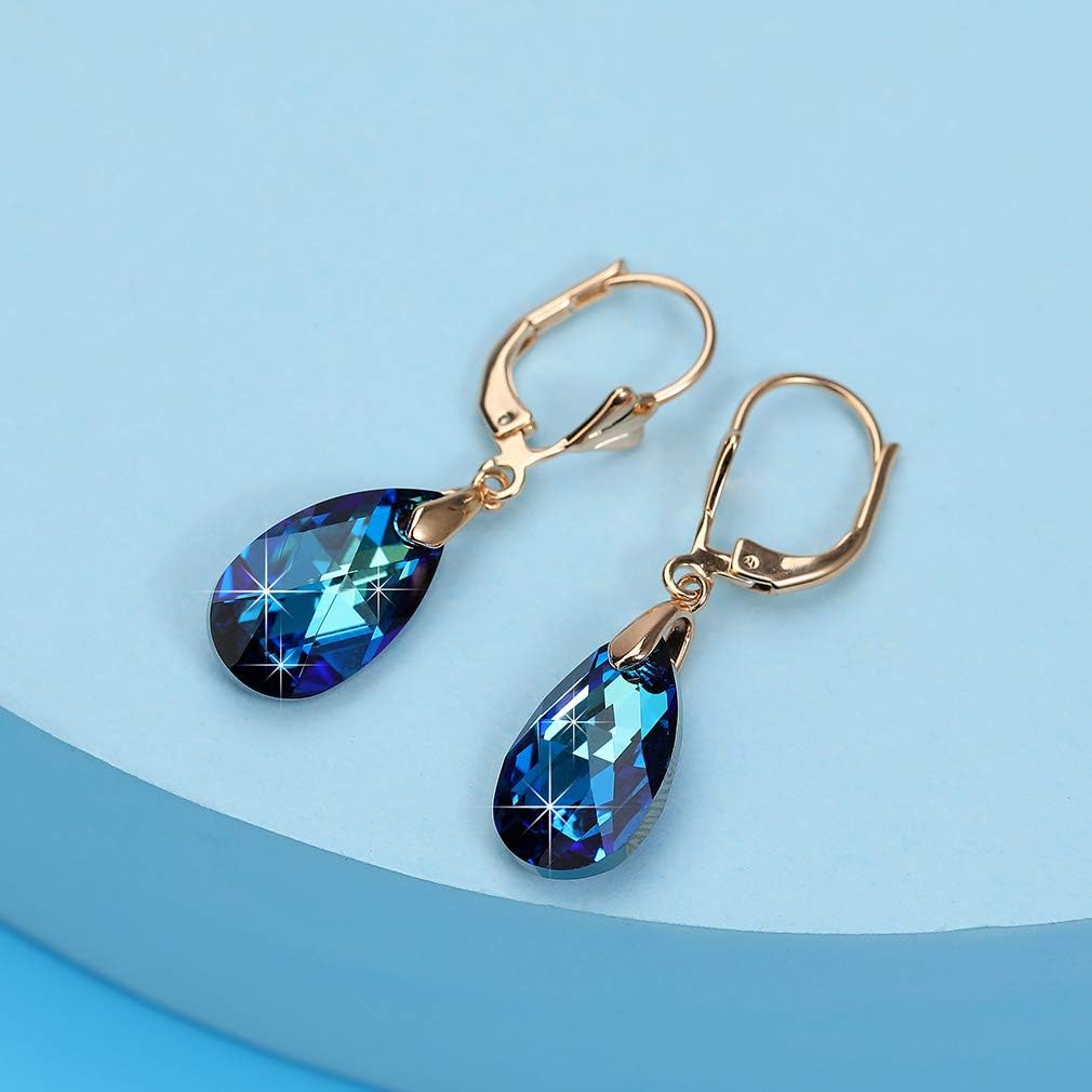 Austrian Crystal Teardrop Leverback Dangle Earrings for Women Fashion 14K Gold Plated Hypoallergenic Jewelry (Bermuda Blue)
