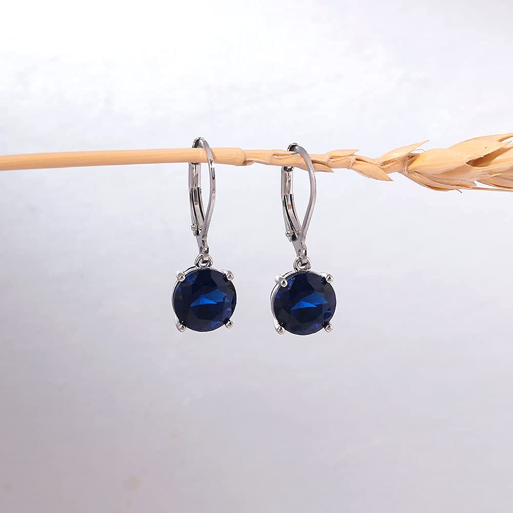 CiNily Leverback Dangle Earrings Created Dark Blue Crystal Drop Earrings White Gold Plated Jewelry for Women 8 mm