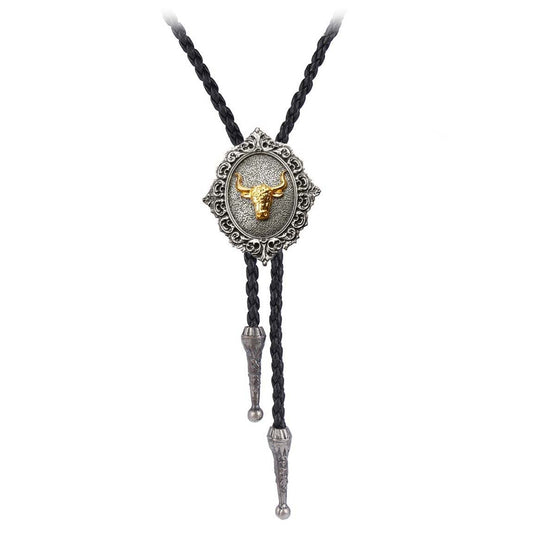 BRBAM Vintage Bicolor Animal Head Bolo Tie Necklace Cool Leather Western Cowboy Necktie Necklace (Cow)