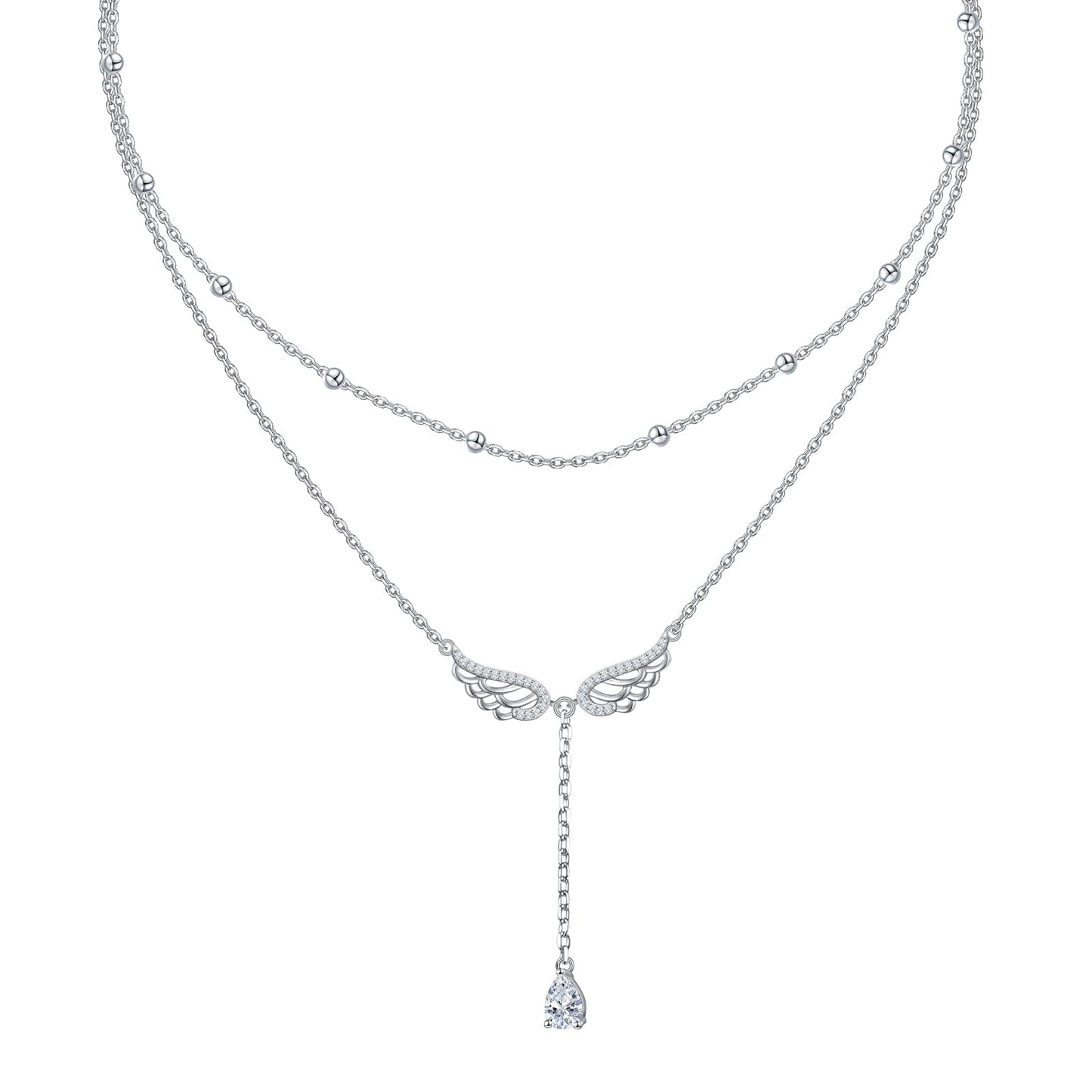 FLYOW Angel Wings Layer Necklace S925 Sterling Silver Double Layered Necklace Teardrop CZ Choker Y Lariat Long Necklace Birthday Mothers Day Gifts Sympathy Jewelry for Women