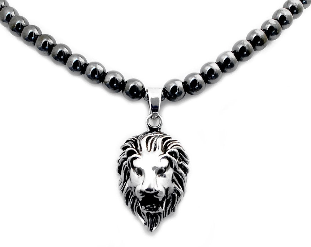 Accents Kingdom Men's Hematite Therapy & Healing Stone Round Bead Necklace With Stainless Steel Lion Head Pendant 20"