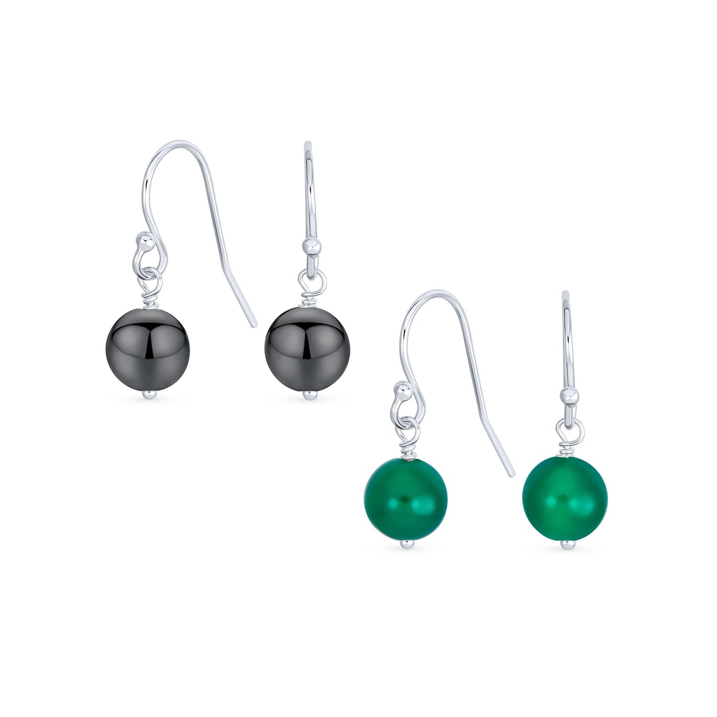 Bling Jewelry .925 Sterling Silver Hematite & Green Agate Bead 8mm Dangle Ball Drop Earrings For Women French Fish Hook Wire (Set of 3) Genuine Gemstone