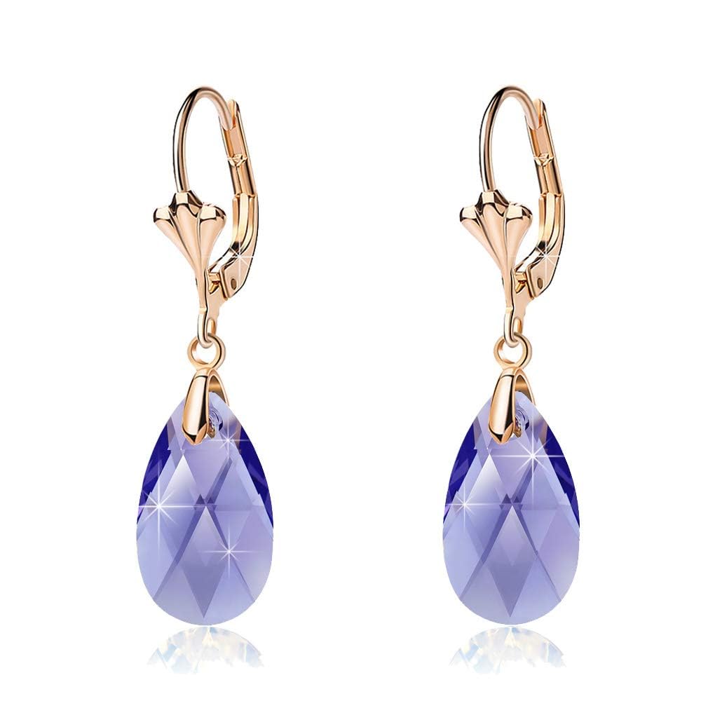 Austrian Crystal Teardrop Leverback Dangle Earrings for Women Fashion 14K Gold Plated Hypoallergenic Jewelry (Tanzanite)