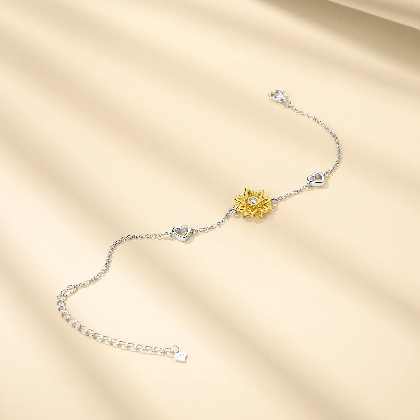 SNZM Bracelets for Women, 925 Sterling Silver Sunflower Bracelet Chain Adjustable Heart Charm Link Birthday Sunflower Jewelry for Women/Girlfriend