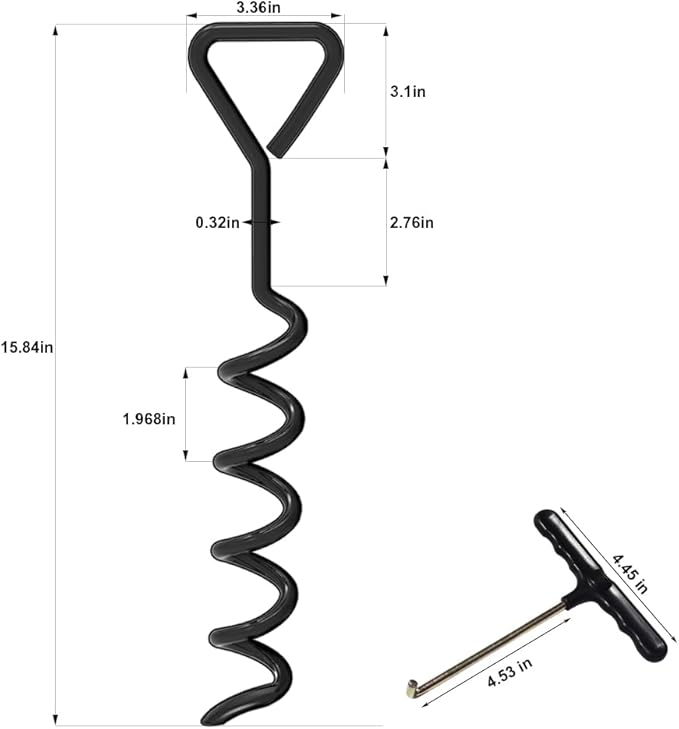 Eurmax USA Trampoline Stakes Heavy Duty Trampoline Parts Corkscrew Shape Steel Stakes Anchor Kit with T Hook for Trampolines -Set of 4 Bonus 4 Strong Belt,Black