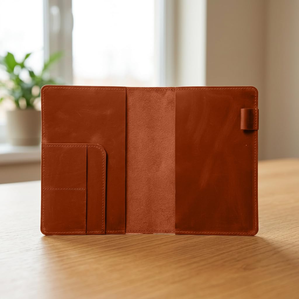 TORAKIP Leather Notebook Cover A5 – Refillable Journal Cover with Card Pockets & Pen Holder, Fits 5.8" x 8.3" Notebooks, Leather Planner Organizer for Work & Travel (Paper Not Included), Warm Brown