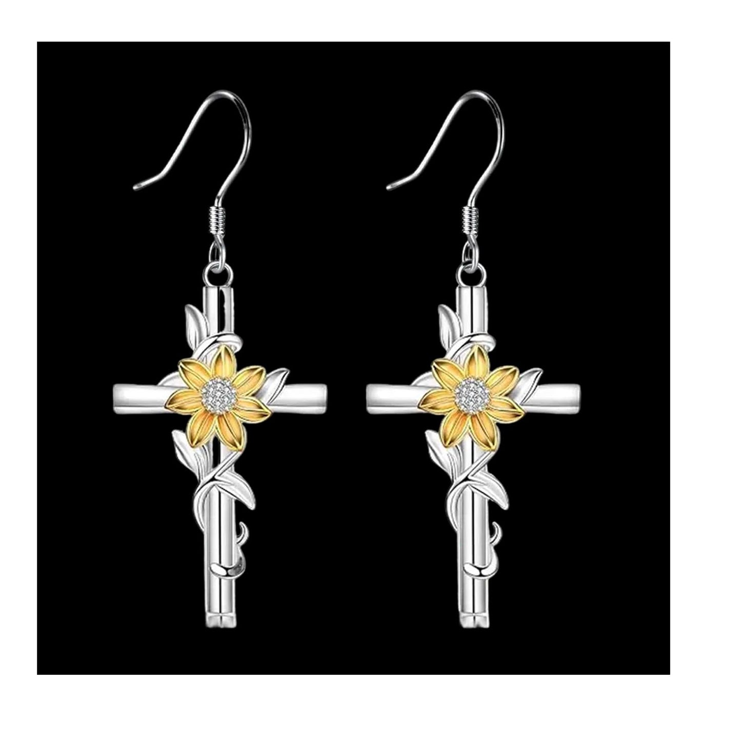 Sunflower Earrings,Cross Dangle Earrings with Crystal Accents Mother's Day Birthday Valentine Flower Jewelry Gifts for Women