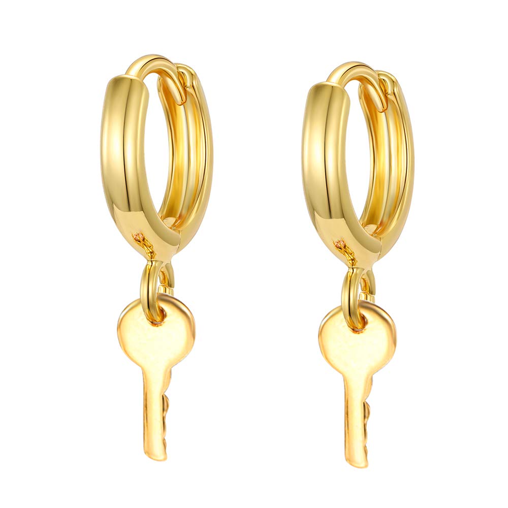 Small Hoop Key Dangle Drop Hoop Earrings With Small Charm for Women Cute Cartilage Fashion 18K Yellow Gold Plated Vintage Elegant Dangling Jewelry