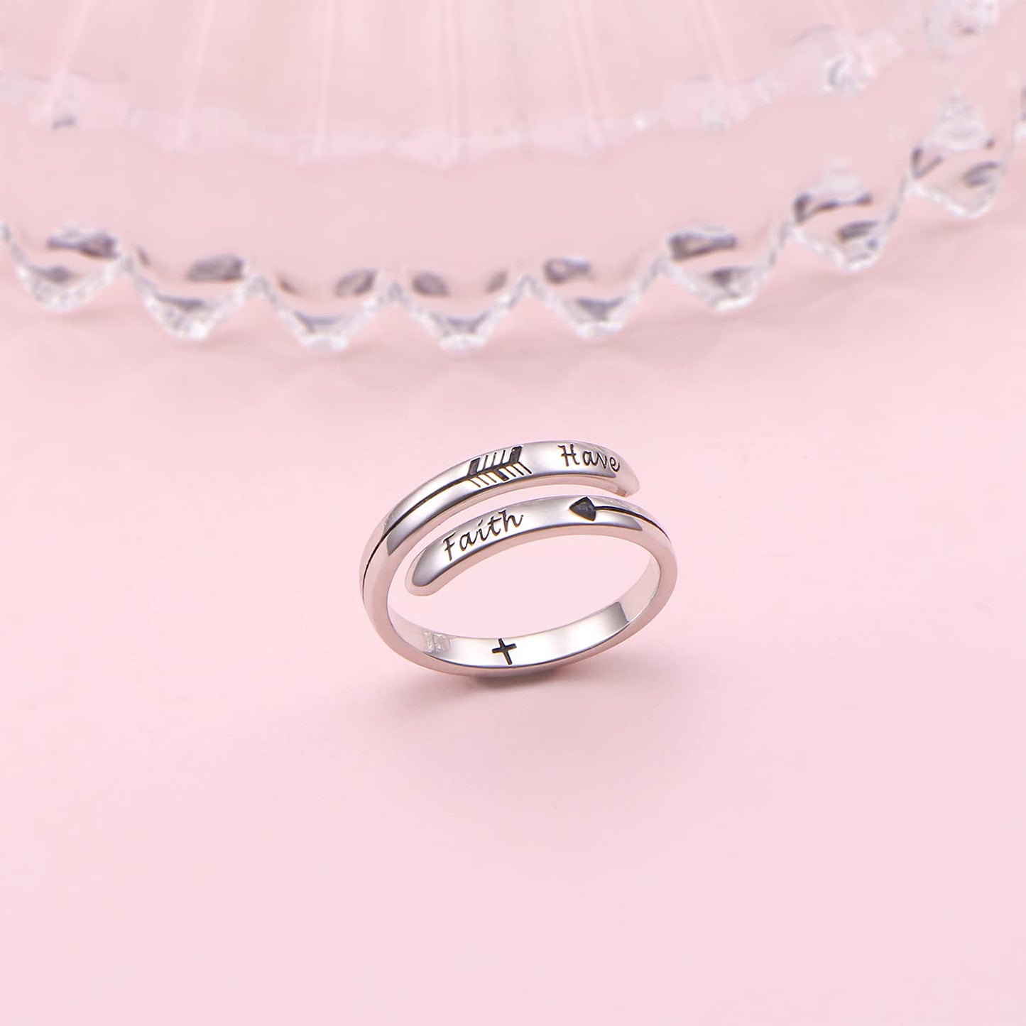 Ladytree Inspirational Ring S925 Sterling Silver Spiral Wrap Twist Band Engraving Size Adjustable Encouragement Jewelry for Women(Have Faith)