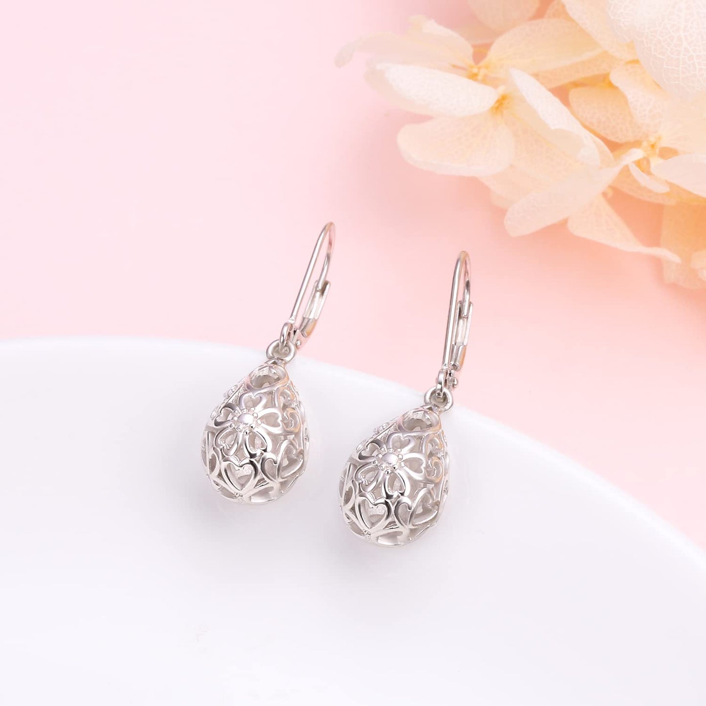 SHAOAN 925 Sterling Silver Filigree Dangle Drop Earrings Flower Cherry Leverback Earrings for Women Jewelry for Mother’s Day