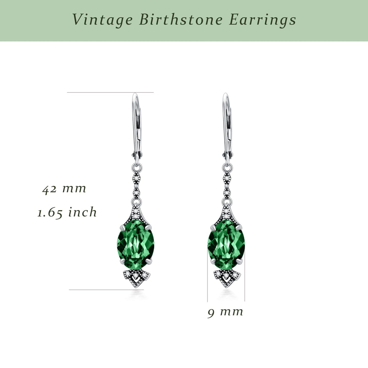 Vintage Emerald Green Earrings 925 Sterling Silver Retro Antique Looking Leverback Dangle Drop Earrings with Oval May Birthstone, Anniversary Jewelry Gifts for Women