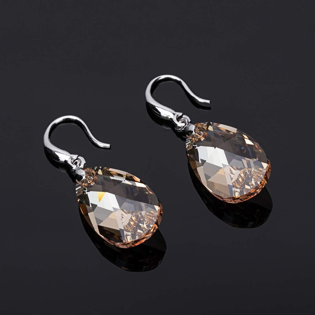 Austrian Crystal Teardrop Dangle Hook Earrings for Women 14K Gold Plated Hypoallergenic Jewelry (Light Topaz)