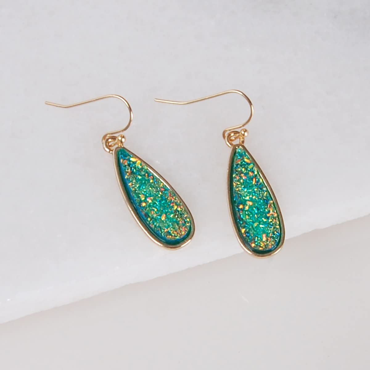Simulated Druzy Drop Dangles - Sparkly Long Teardrop Dangly Earrings for Women, Gold Tone - Blue Green Stone