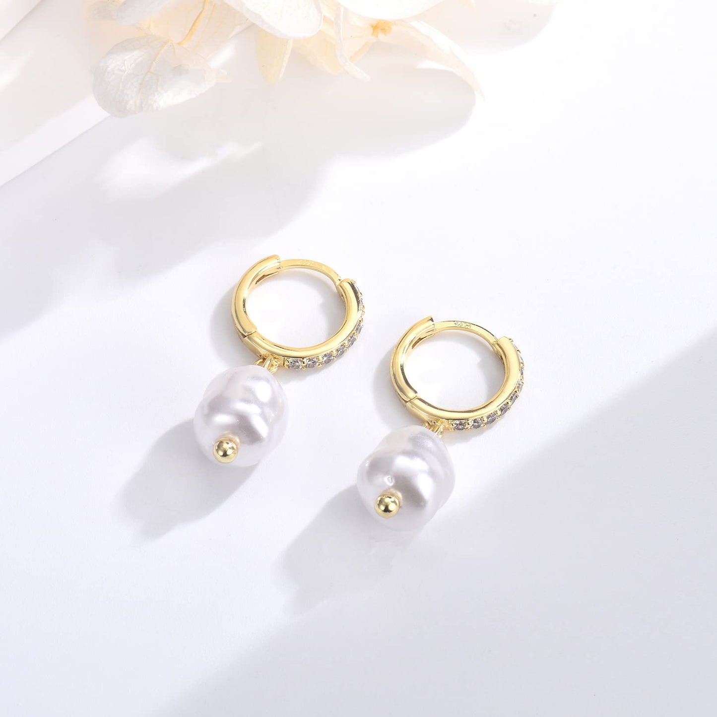 CERSLIMO Sterling Silver Pearl Drop Earrings for Women, S925, Baroque Shell, Hypoallergenic, Dainty Hoop, Modern Chic