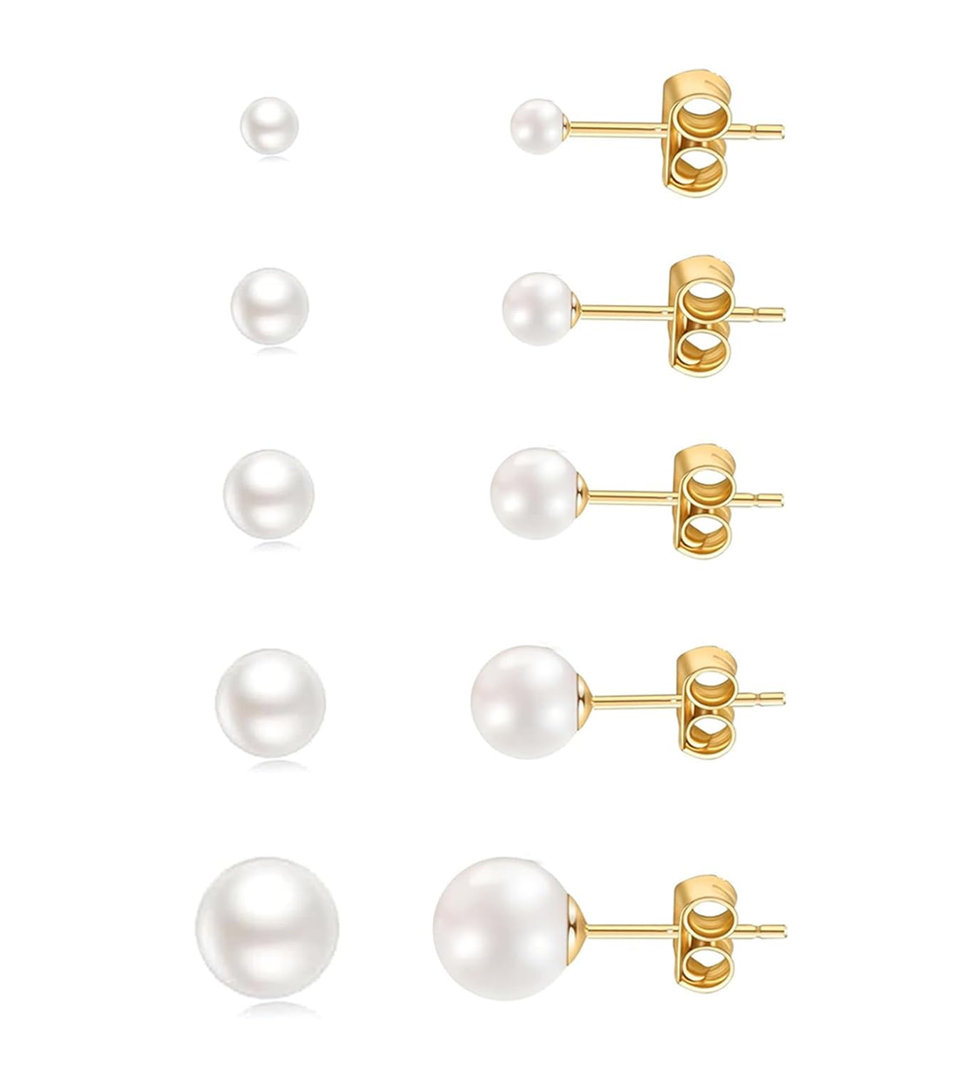 5 Pairs Pearl Stud Earrings for Women, 14K Gold Filled Polished Small Pearl Earrings Set, 20G Hypoallergenic Surgical Steel Piercing Studs for Sensitive Ear, Lightweight Shiny Earrings Studs for Helix Tragus Cartilage Multiple Piercing, 3.5-7MM