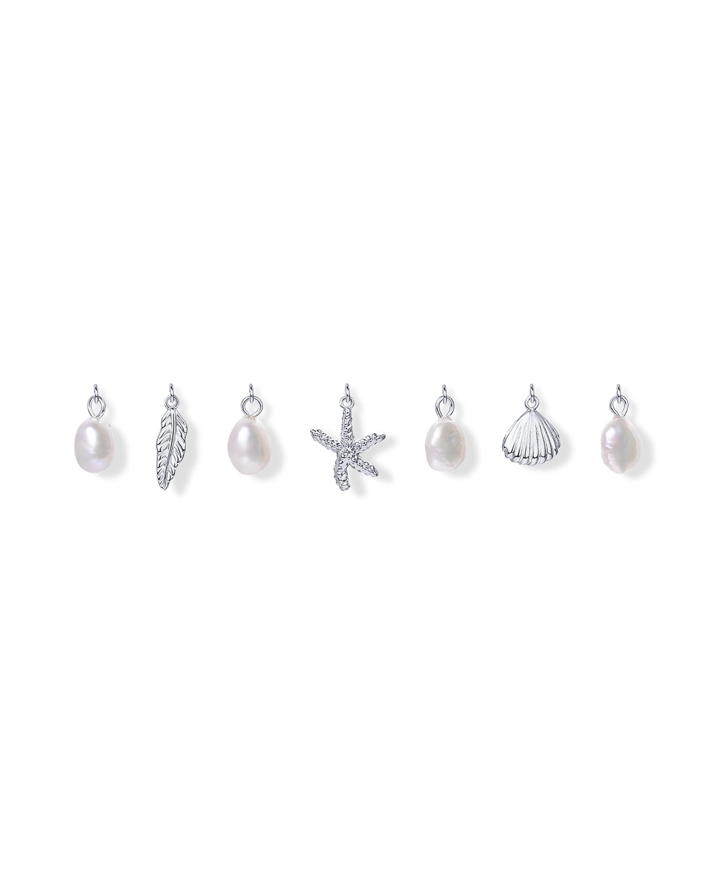 PAVOI Rhodium Plated Beach Charm Necklace for Women - Dainty Paperclip Chain Trendy Beachy Multi Charm Necklace - Gold Ocean Summer Jewelry with Freshwater Pearl, Sea Shell, Starfish