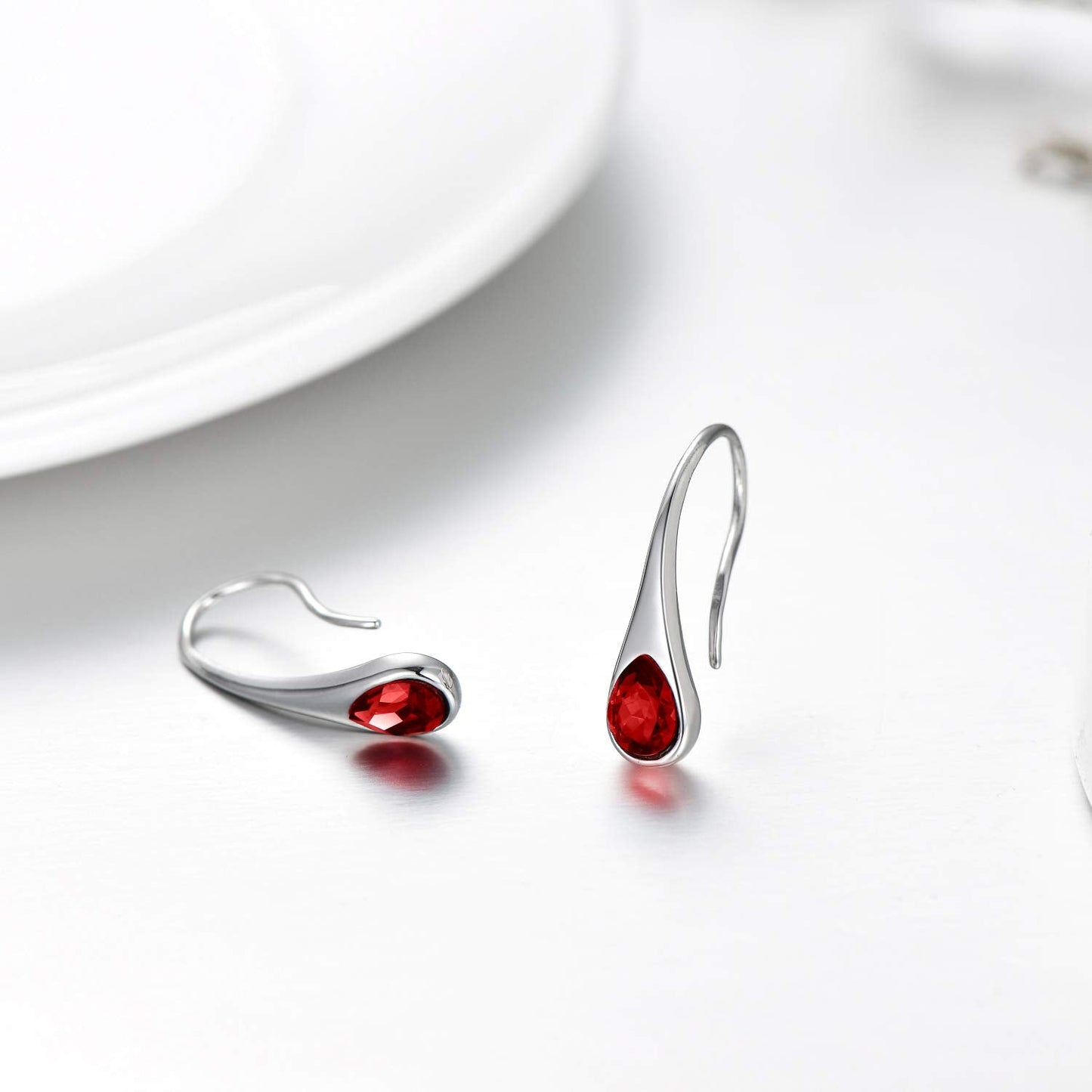 AOBOCO 925 Sterling Silver Created Ruby Red Dangle Drop Earrings with July Birthstone Pear-Shape Teardrop Earrings Valentines Birthday Jewelry for Women