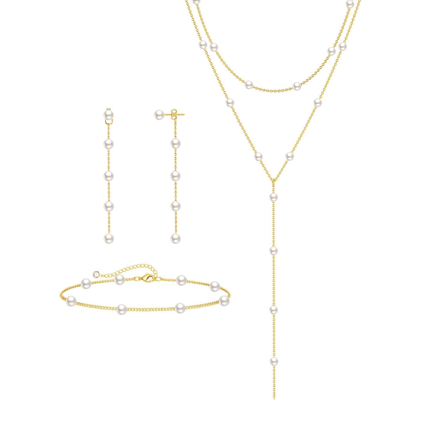 Zeffy Lariat Long Gold Necklace for Women Gold Jewelry Set Dainty Layered Pearl Y Necklaces Pearl Drop Earrings Bracelets Trendy Wedding Bride Jewelry Gift