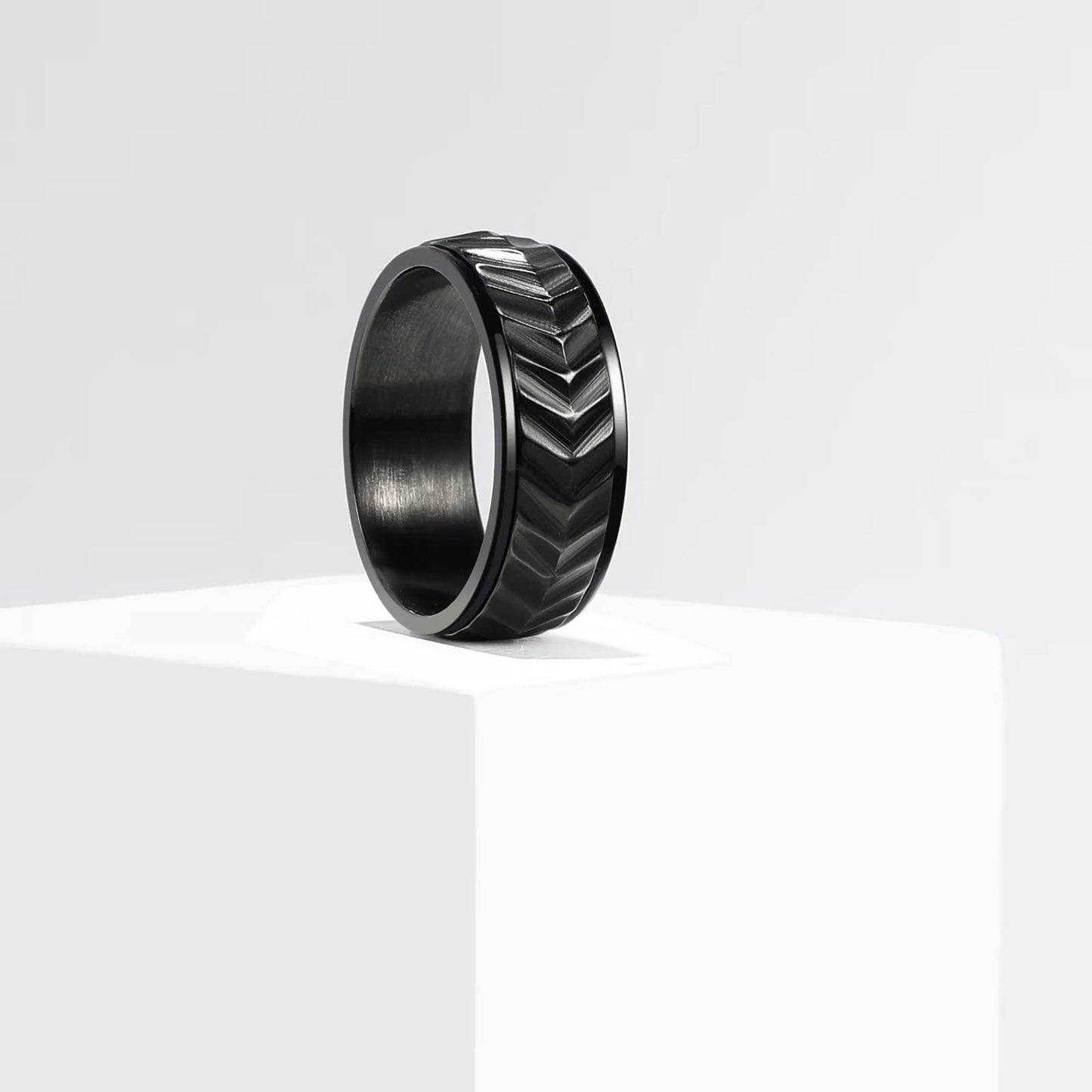 King Will Mens Black 8mm Spinner Rings Tire Stripe Groove Stainless Steel Anxiety Fidget Ring for Men 12