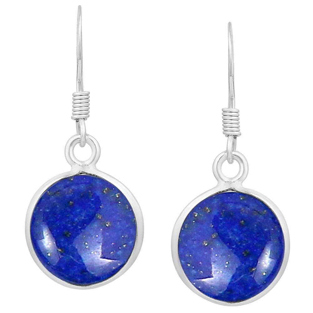 Natural Lapis Lazuli 925 Silver Plated Dangle Earrings for Women - Round Shape Blue Color Gemstone September Birthstone Handmade Jewelry Earrings - Mother's Day Gift for Mom