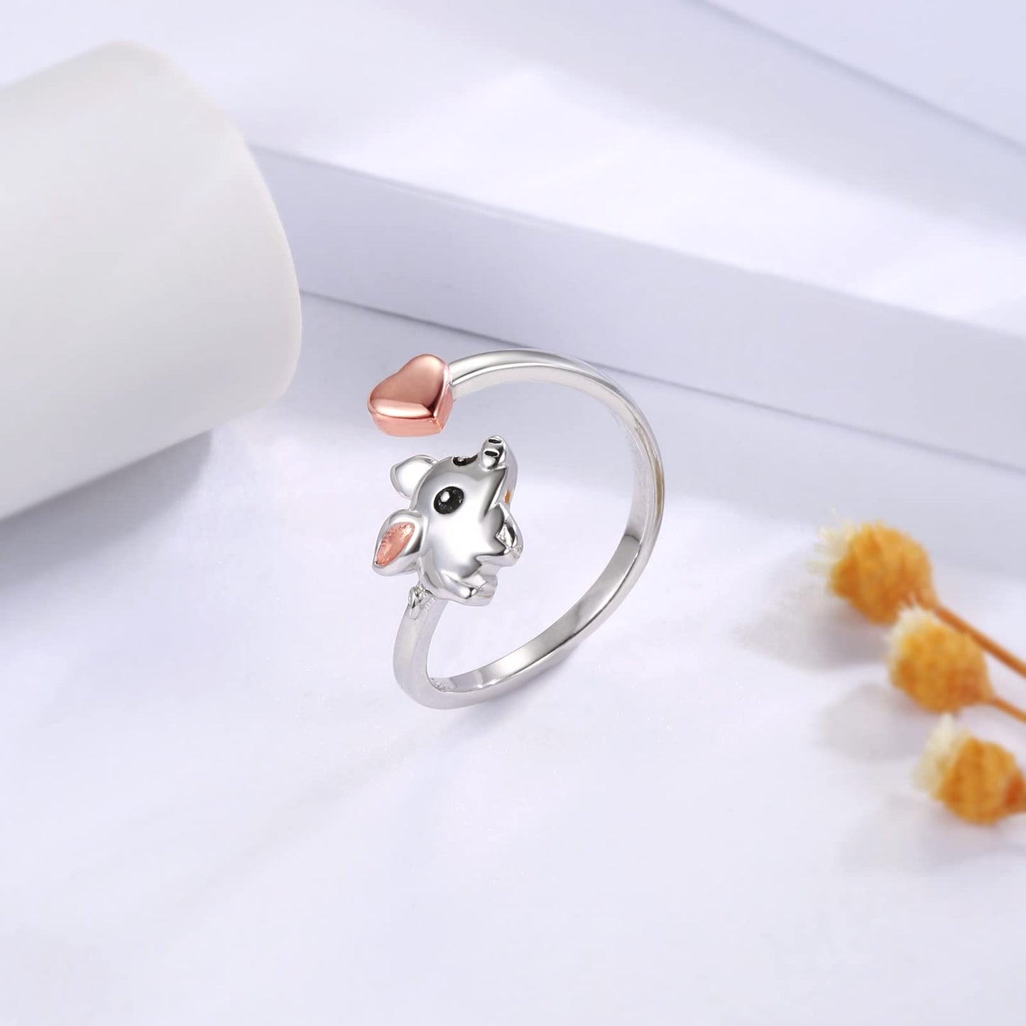 Zepmais 925 Sterling Silver Animal Ring - Adjustable Open Owl Axolotl Rings with Heart Cubic Zirconia Opal Cute Animals Jewelry Gifts for Women (Pig)