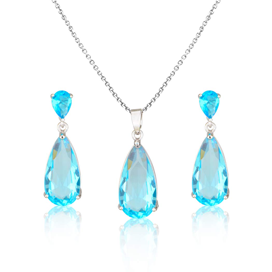 Mycitta Aquamarine Jewelry Set for Women - Sterling Silver Light Blue Teardrop Cubic Zirconia Crystal CZ Rhinestone Diamond Necklace Set for Wedding Bride Bridesmaid Mother of Bride Prom Party