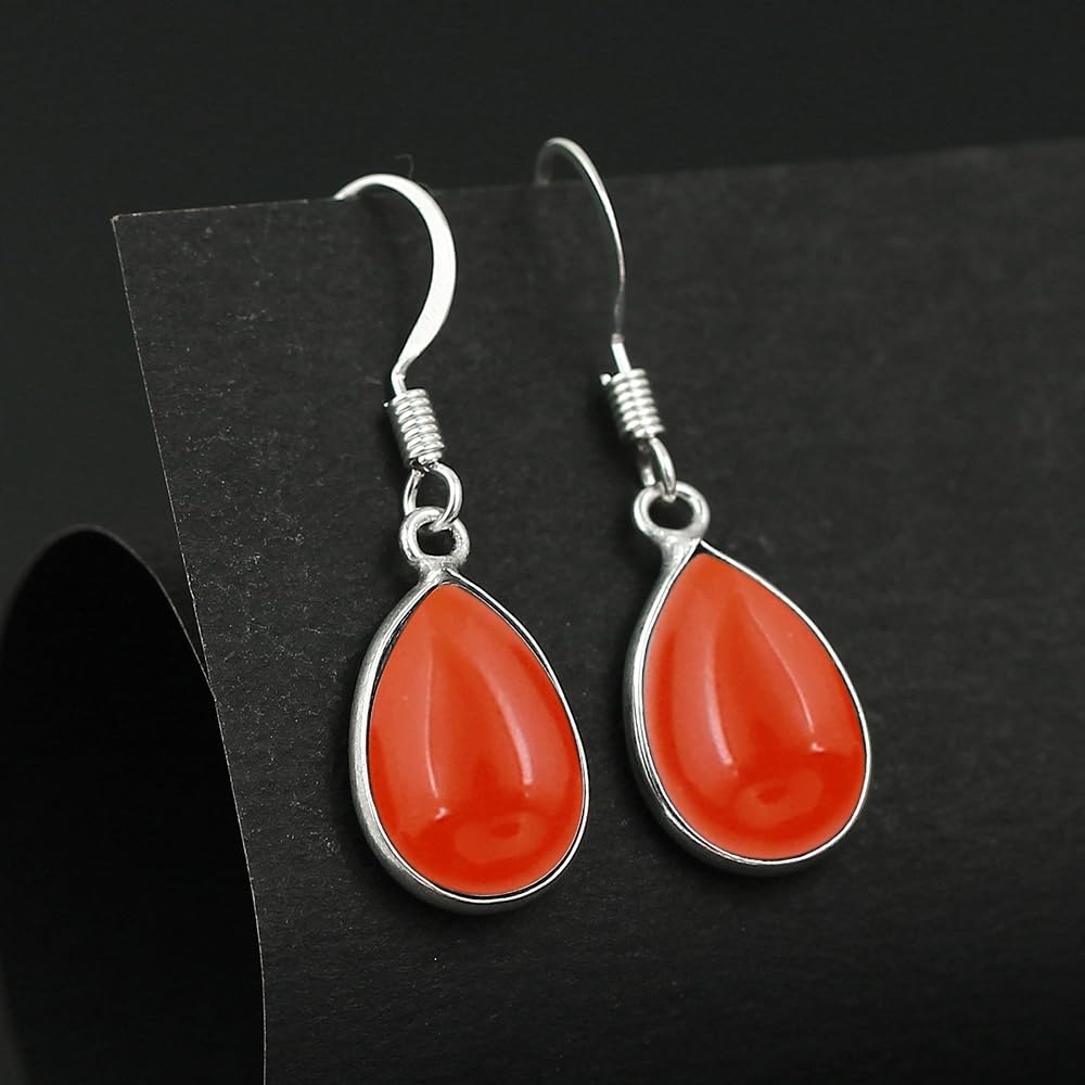 Natural Carnelian Sterling Silver Plated Dangle Earrings for Women - Orange Stone Teardrop Shape July Birthstone Handmade Drop Earrings Jewelry - Christmas Gifts for Her