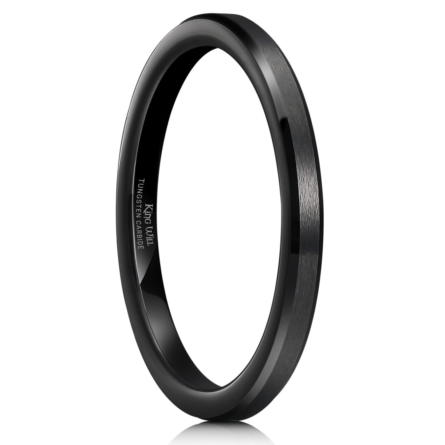 King Will 2mm Black Tungsten Men's Wedding Band - Brushed Matte Finish, Beveled Polished Edge, Comfort Fit Size 10