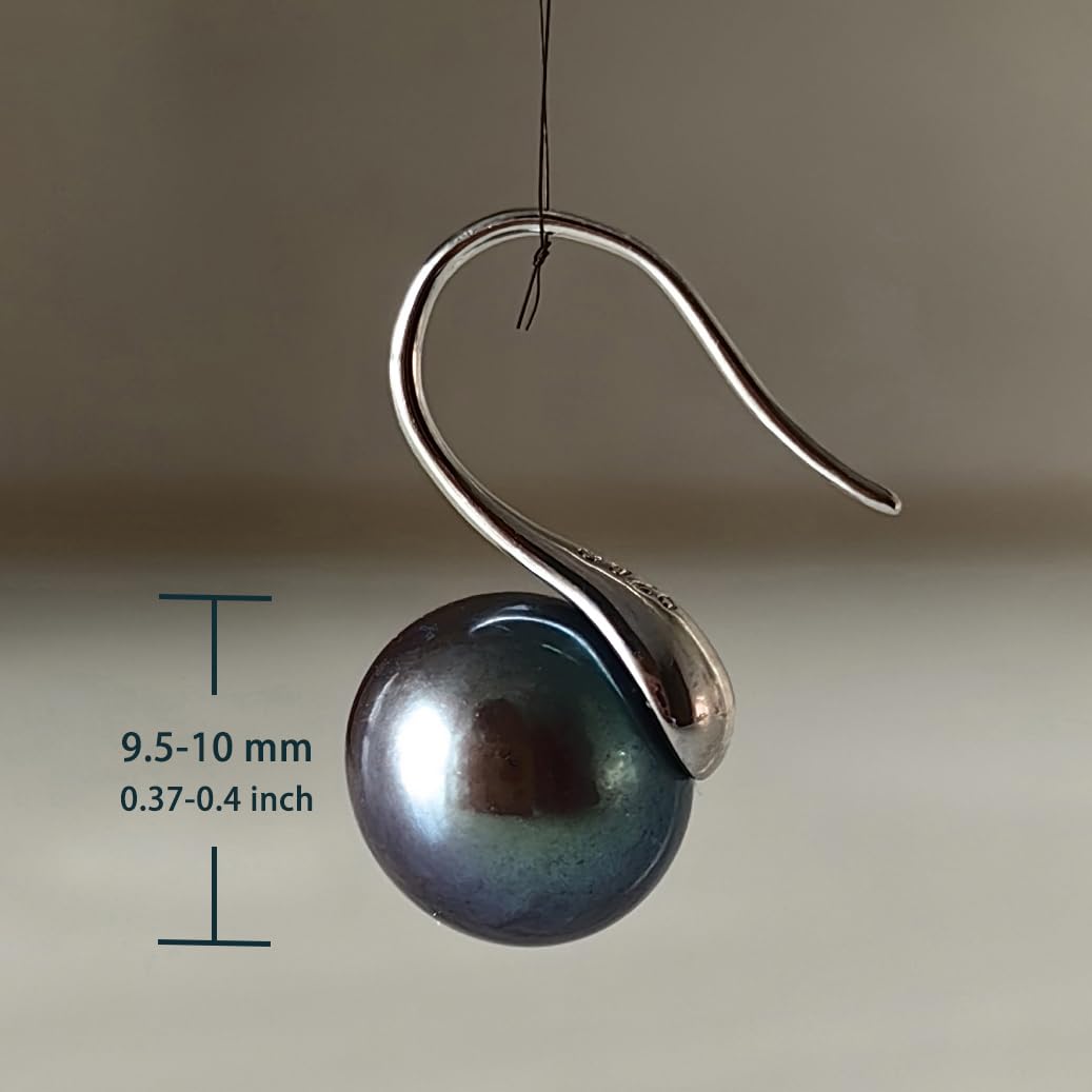 Pearl Earrings, 925 Sterling Silver Hook, Natural Freshwater Cultured Pearls 9.5-10mm Dyed Black - Elegant for Women