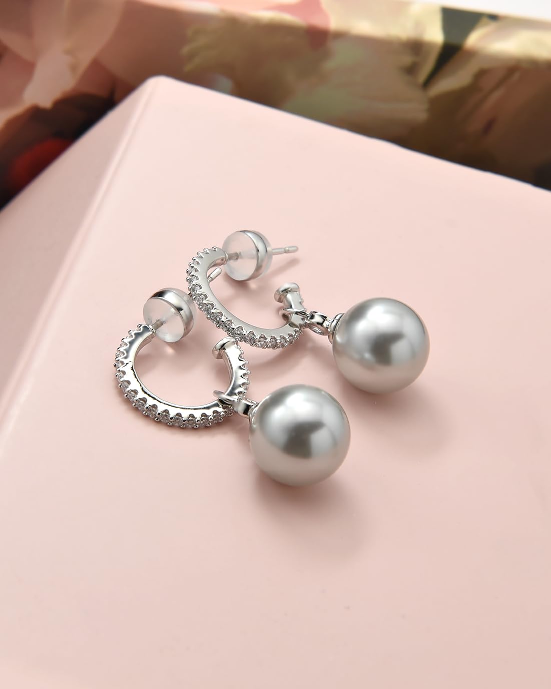 KZZENKI Grey Pearl Earrings for Women, Sterling Silver Post Drop Earrings, Open Hoop Peal Dangle Earrings Bridal Jewelry