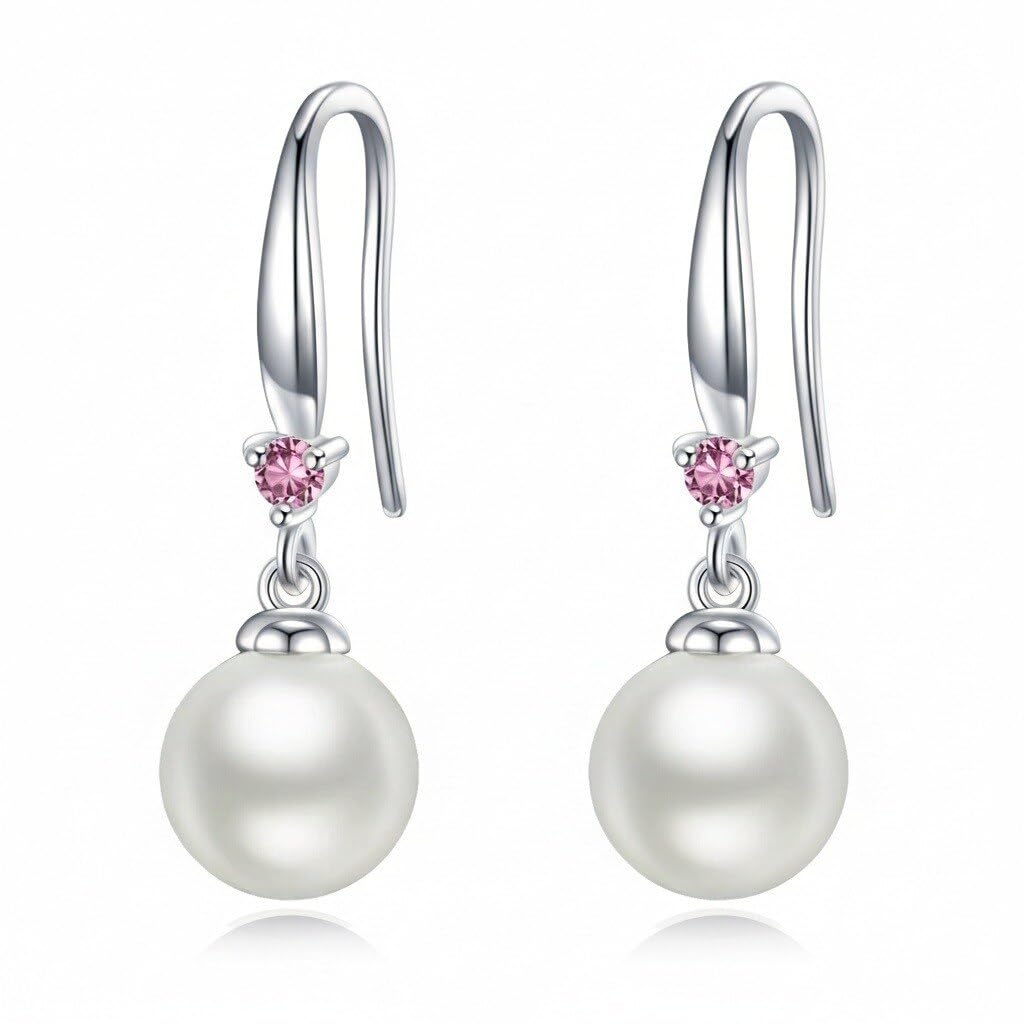 925 Sterling Silver Pearl Leverback Earrings Dangle Drop Birthstone Jewelry Gifts for Women (White Pearl-October)