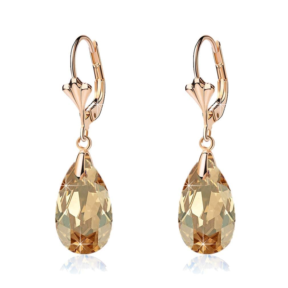 Austrian Crystal Teardrop Leverback Dangle Earrings for Women Fashion 14K Gold Plated Hypoallergenic Jewelry (Topaz)