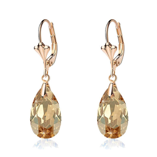 Austrian Crystal Teardrop Leverback Dangle Earrings for Women Fashion 14K Gold Plated Hypoallergenic Jewelry (Topaz)